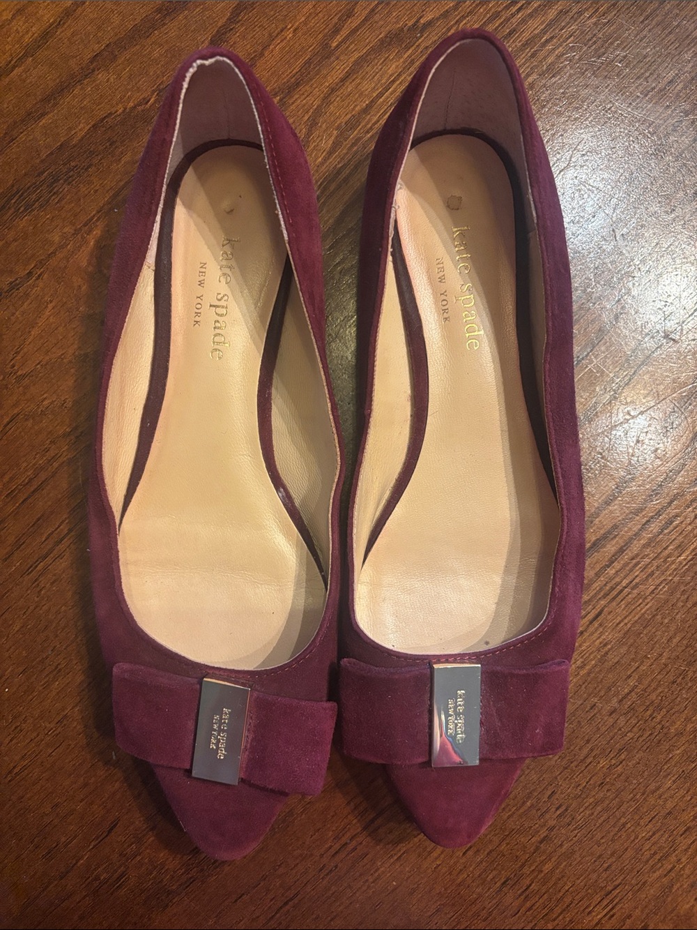 kate spade Burgundy Suede Pointed-Toe Flats with Bow